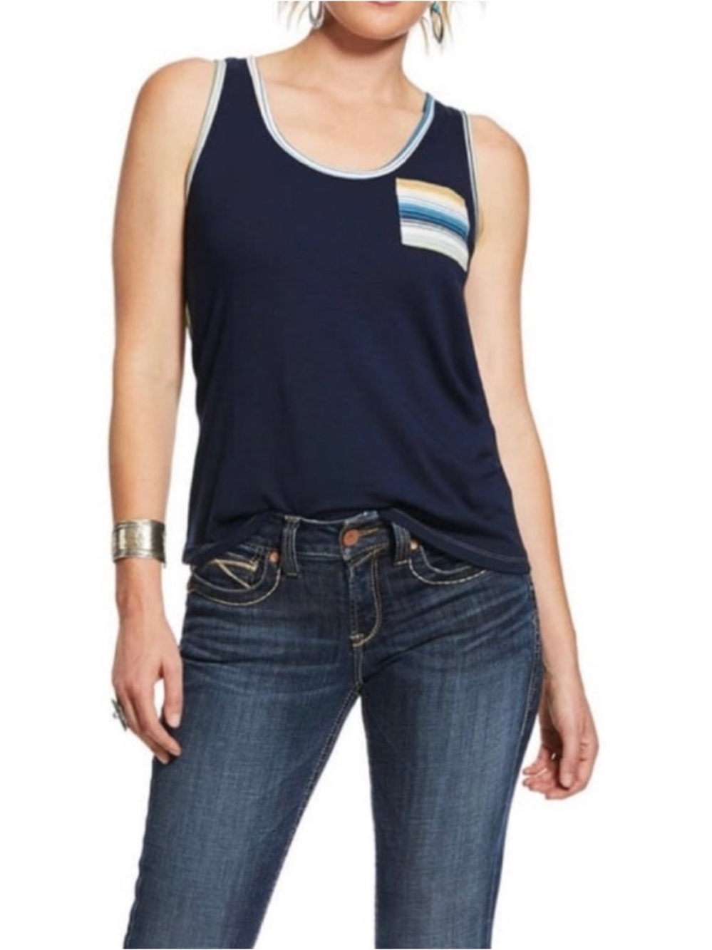 Ariat Serape Print Racerback Tank Top Navy Multicolor Pocket